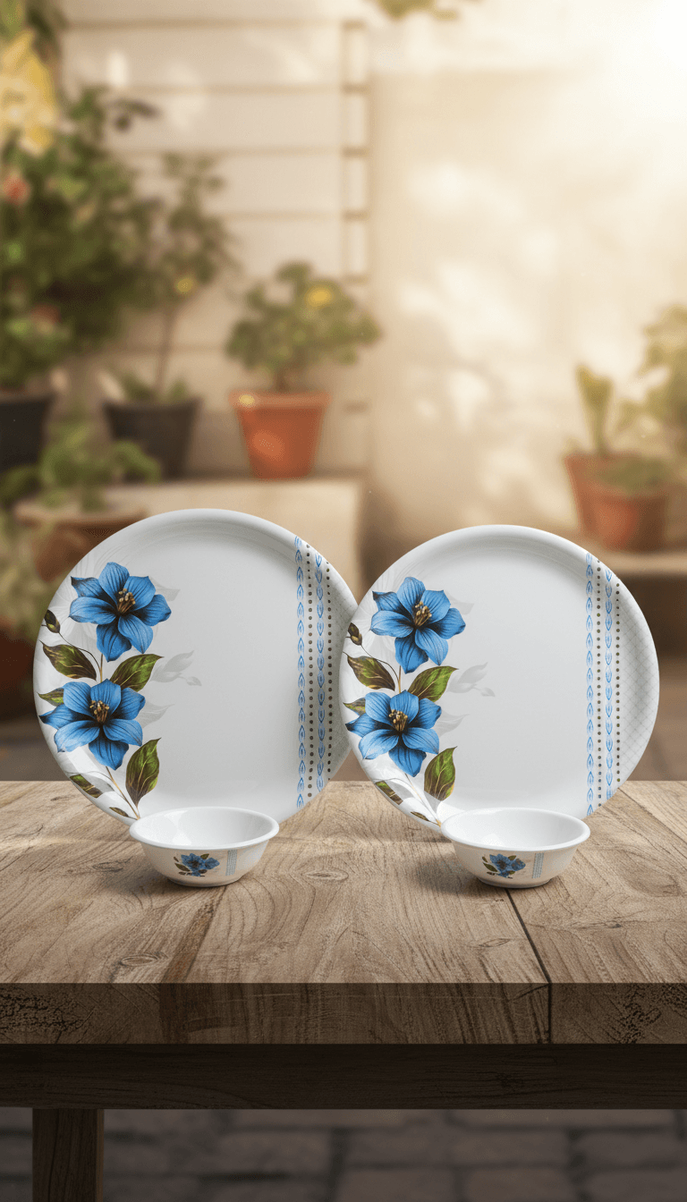 Apeiron Melamine Boss Blue Flower Print 4 PCS Dinner Set (2 Full Plate, 2 Bowls)