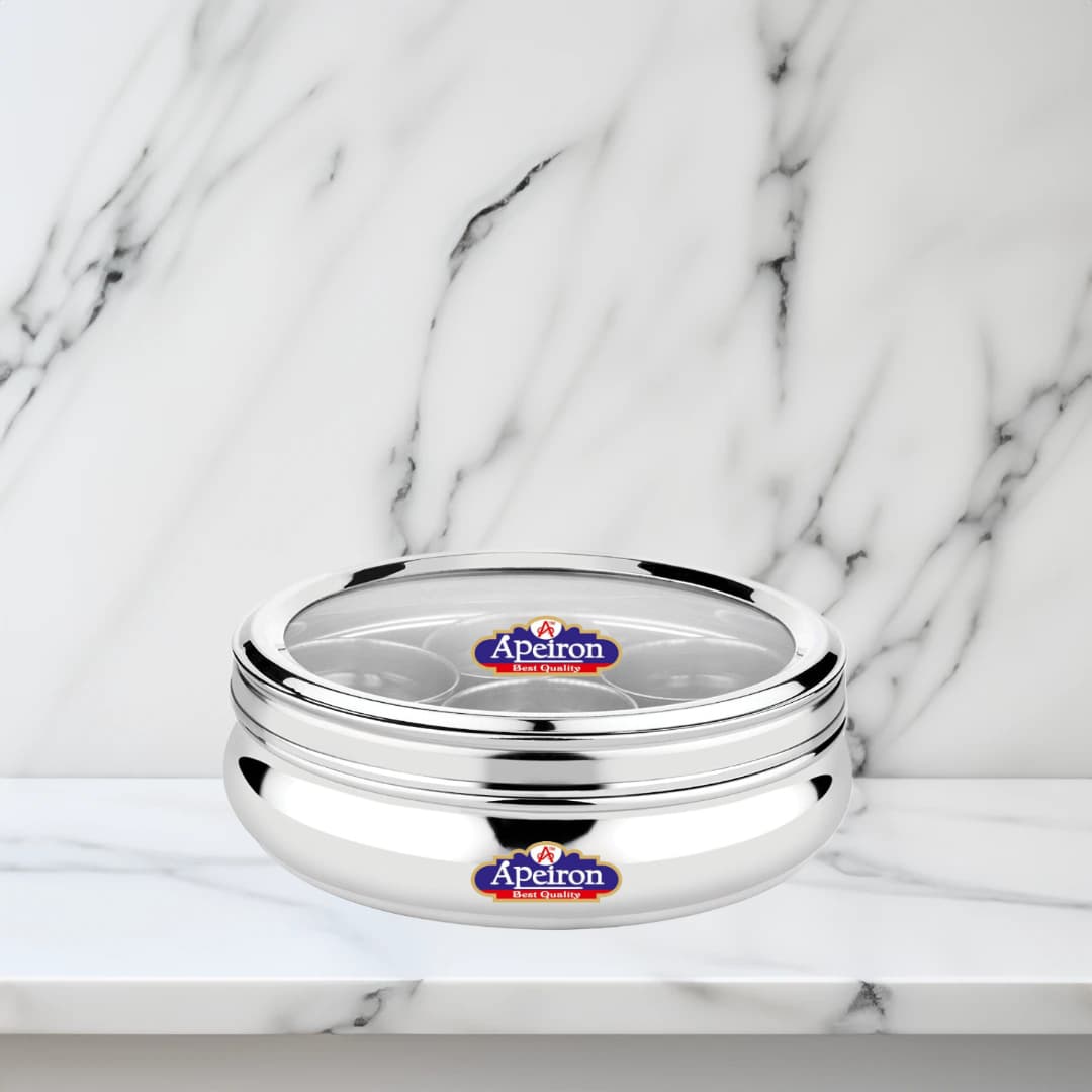 Apeiron Stainless Steel Belly Spice Box | Masala Dabba See Through Lid with 7 Containers and Small Spoon