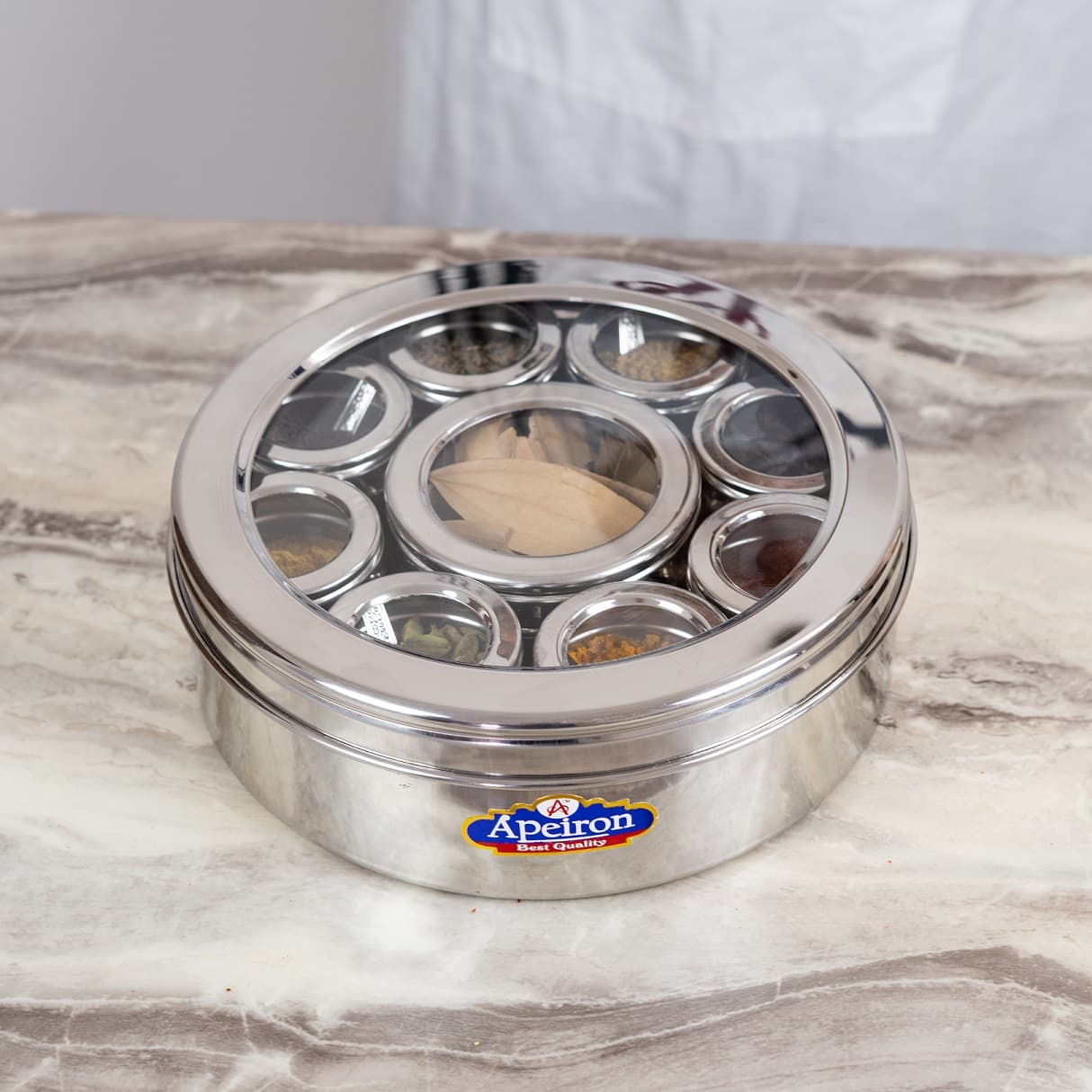 Apeiron Stainless Steel stylish Spice Box | Masala Box for Kitchen Steel | Masala Dabba Steel | See through lid 9 containers, 9 Spoons(22.5cms)