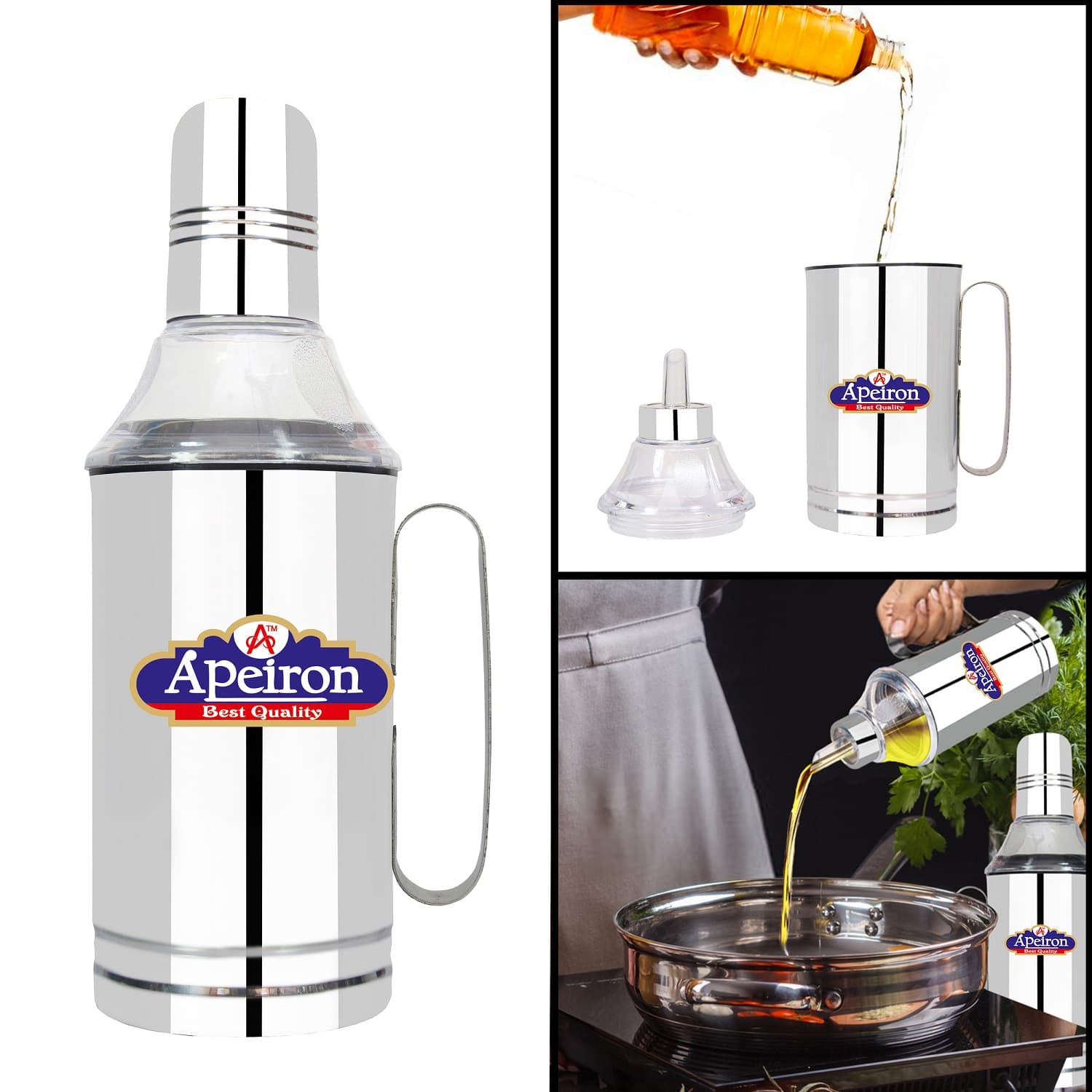 Apeiron Stainless Steel Transpharent Nozzle Black Oil Dispenser with Handle 1000ML Pack Of 1 - Pack of 1