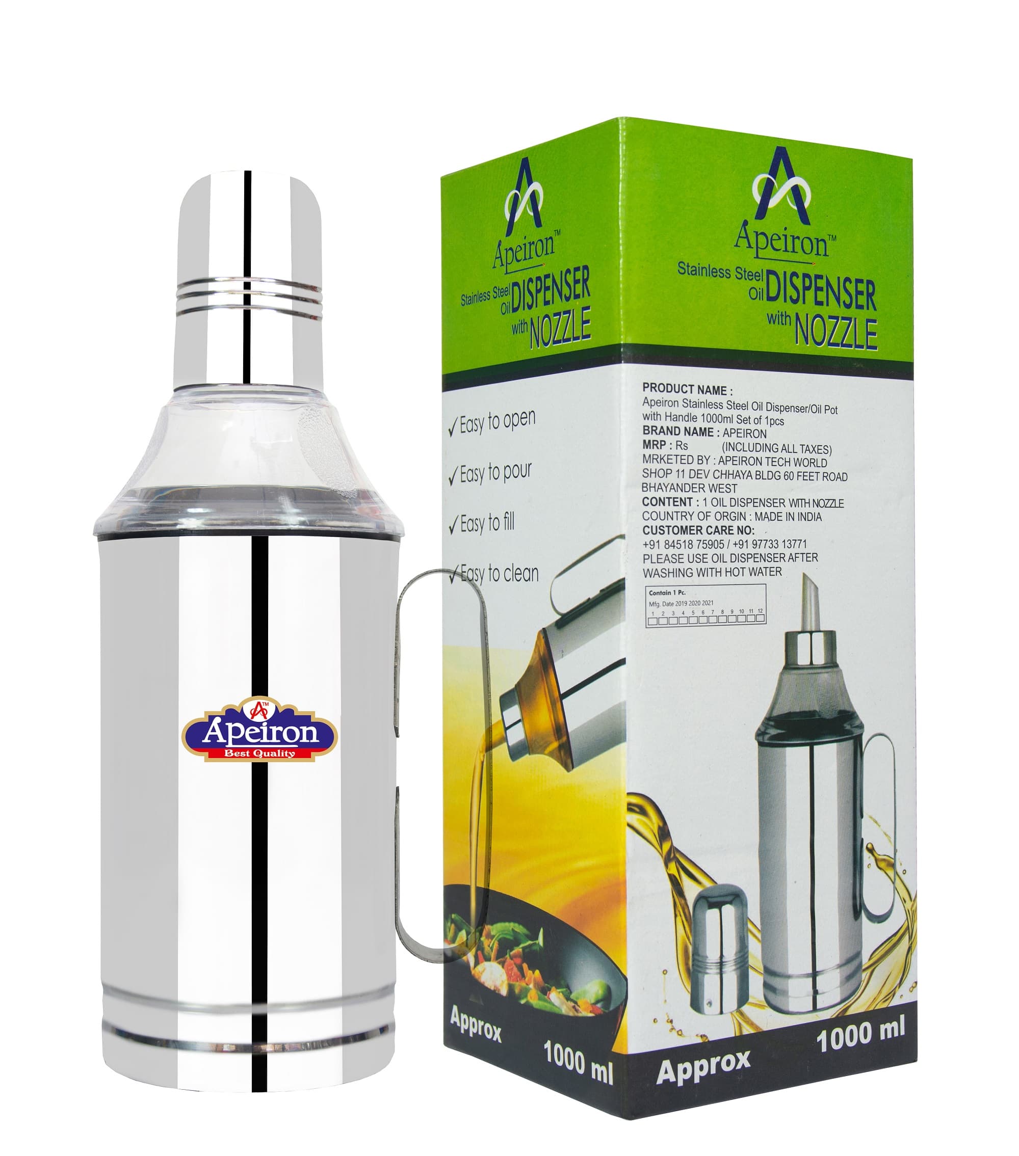 Apeiron Stainless Steel Transpharent Nozzle Black Oil Dispenser with Handle 1000ML Pack Of 1