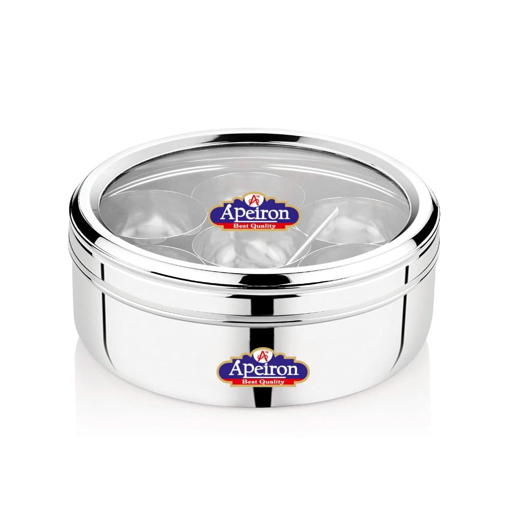 Apeiron Stainless Steel Neelam Spice Box | Masala Dabba See Through Lid with 7 Containers and Small Spoon