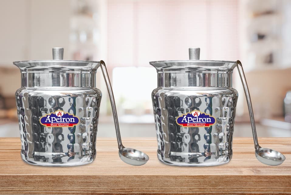 Apeiron Stainless Steel Apple hammered Ghee/Oil Pot with Spoon and Lid - Pack of 2