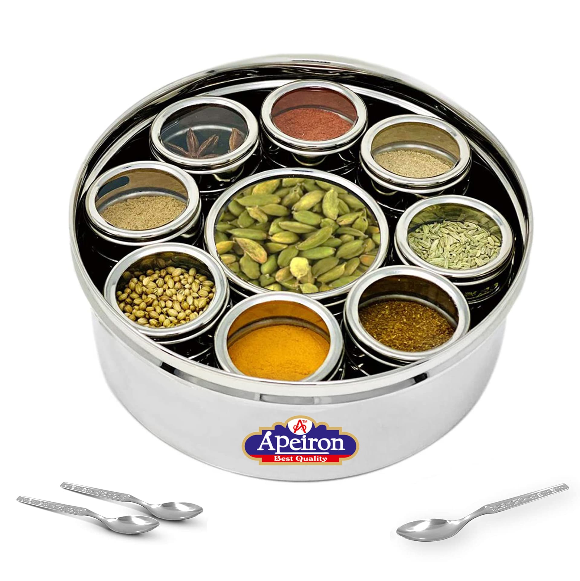 Apeiron Stainless Steel stylish Spice Box | Masala Box for Kitchen Steel | Masala Dabba Steel | See through lid 9 containers, 9 Spoons(22.5cms)