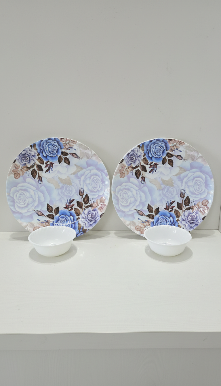 Apeiron Melamine Royal Blue Flower Print 4 PCS Dinner Set (2 Full Plate, 2 Bowls)