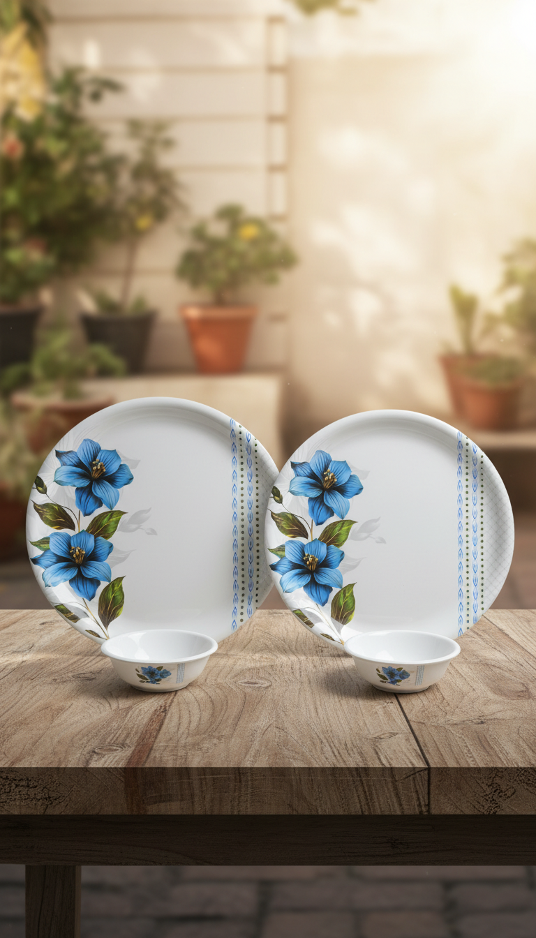 Apeiron Melamine Boss Blue Flower Print 4 PCS Dinner Set (2 Full Plate, 2 Bowls)
