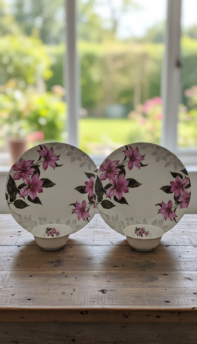 Apeiron Melamine Royal Pink Flower Print 4 PCS Dinner Set (2 Full Plate, 2 Bowls)