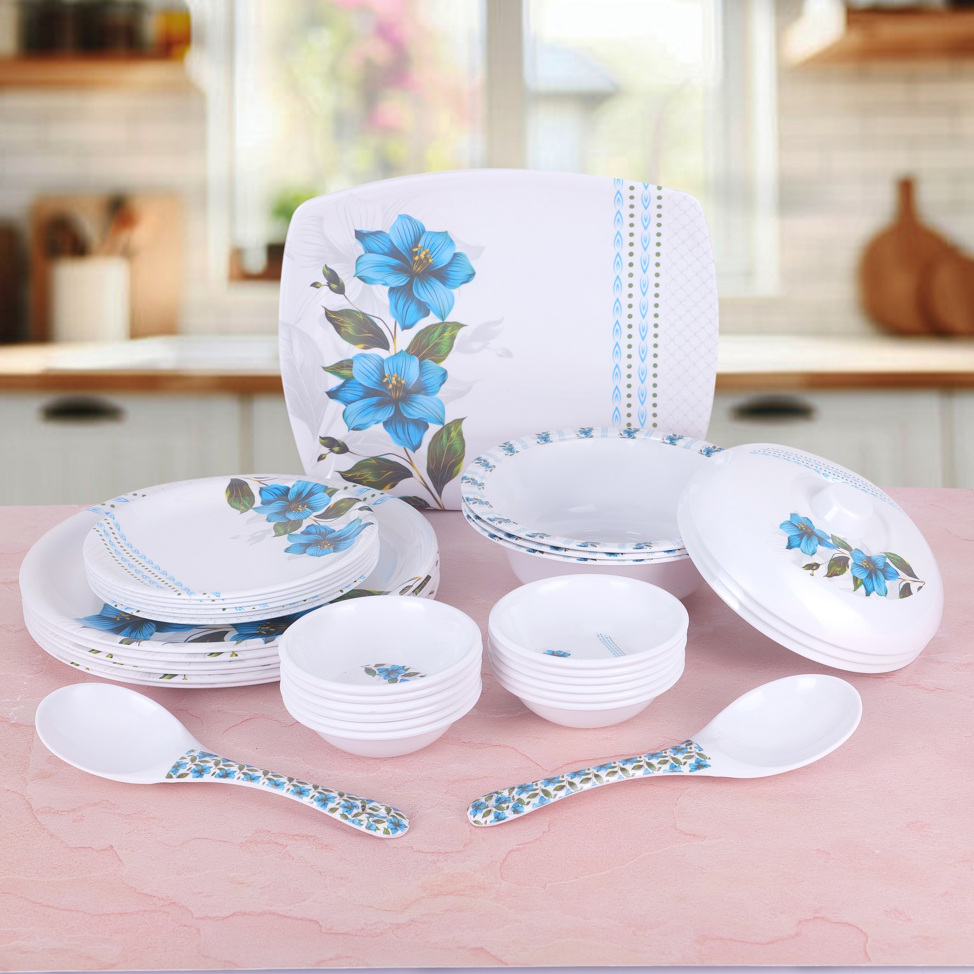 Apeiron Melamine Boss Blue Flower Print 33 PCS Dinner Set (6 Full Plate, 6 Half Plate, 12 Bowls, 3 Donga, 3 Donga Lid, 2 Serving Spoon, 1 Rice Plate)