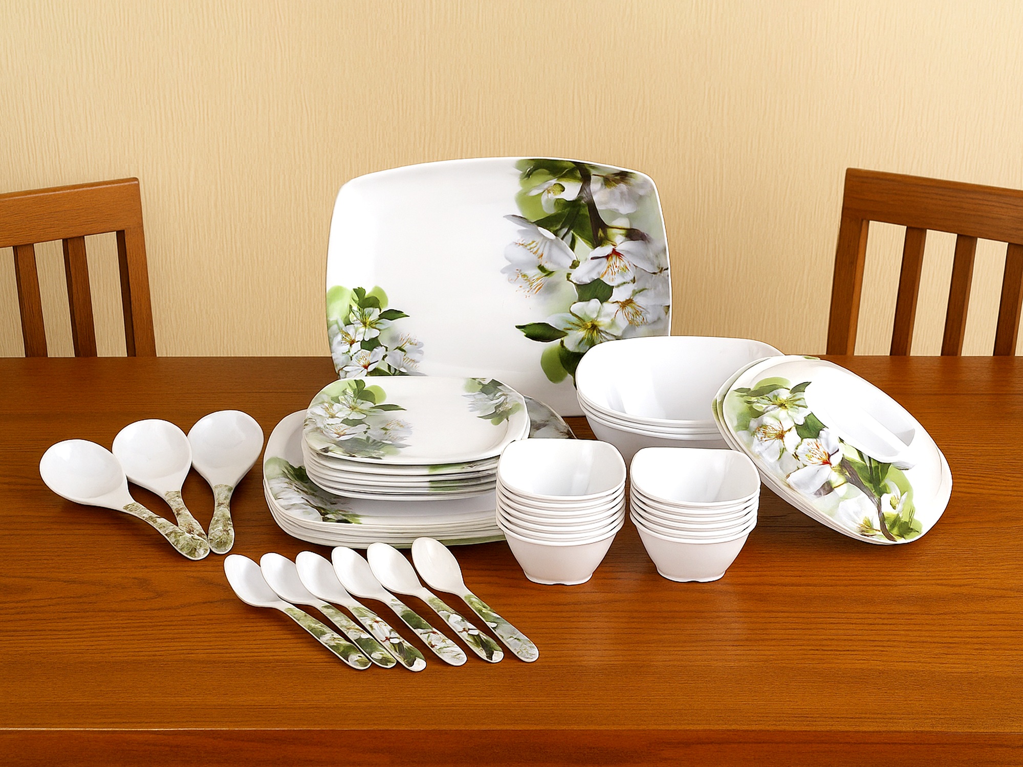 Apeiron Melamine Glamour Green Flower Print 40 PCS Dinner Set (6 Full Plate, 6 Half Plate, 12 Bowls, 3 Donga, 3 Donga Lid, 6 Spoon, 3 Serving Spoon, 1 Rice Plate)
