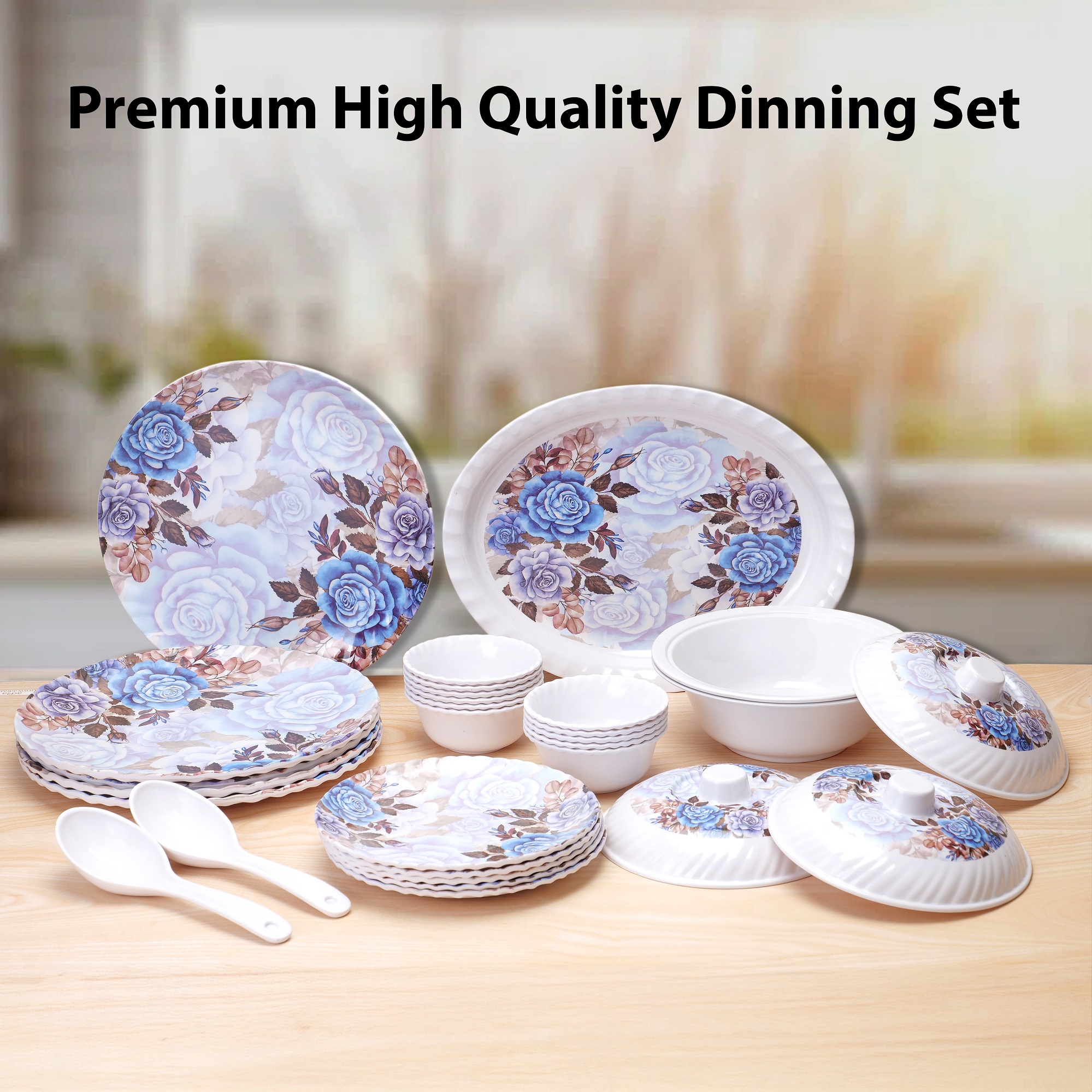 Apeiron Melamine Royal Blue Flower Print 33 PCS Dinner Set (6 Full, 6 Half, 12 Bowls, 3 Donga, 3 Donga Lid, 2 Serving Spoon, 1 Rice Plate)