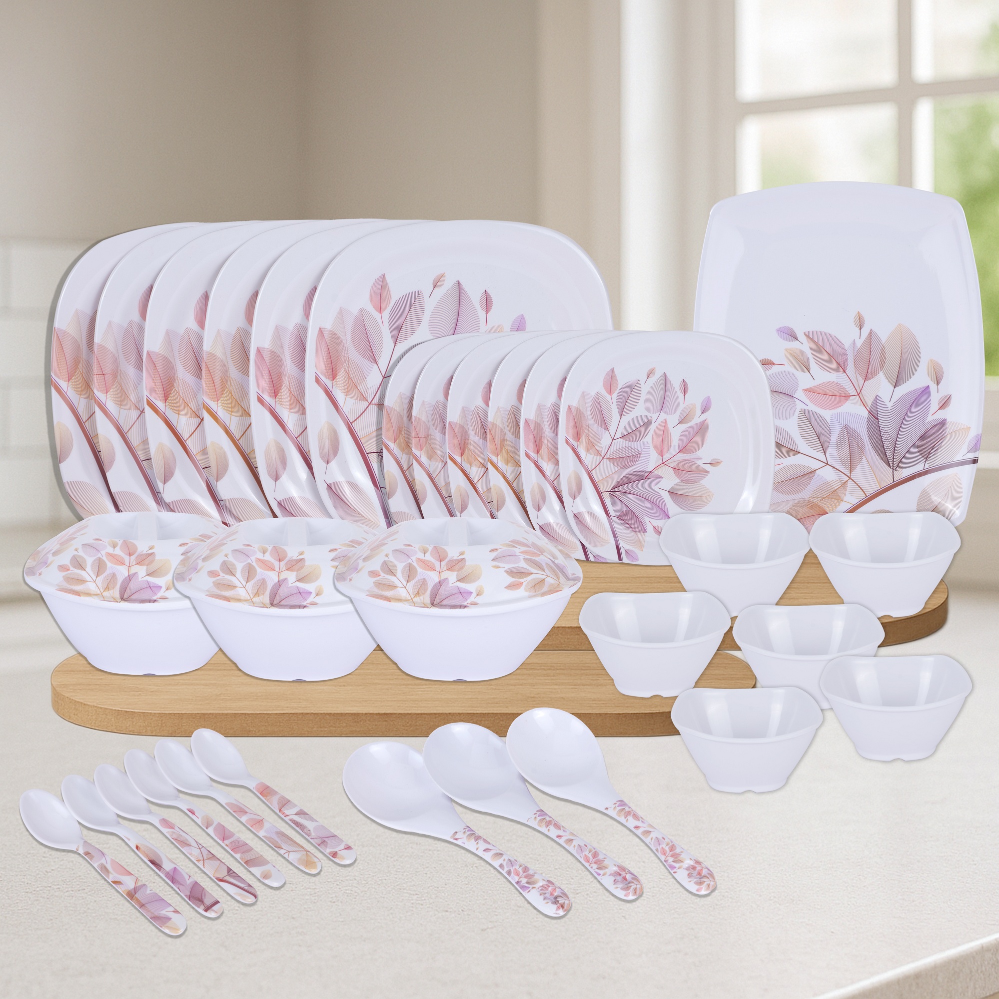 Apeiron Melamine Glamour Pink Leaf Print 40 PCS Dinner Set (6 Full Plate, 6 Half Plate, 12 Bowls, 3 Donga, 3 Donga Lid, 6 Spoon, 3 Serving Spoon, 1 Rice Plate)