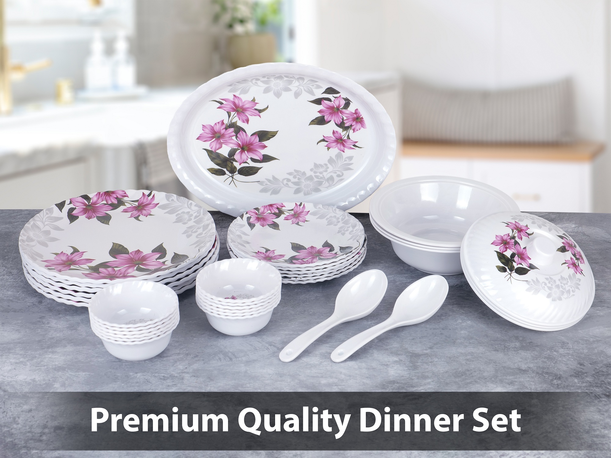 Apeiron Melamine Royal Pink Flower Print 33 PCS Dinner Set (6 Full Plate, 6 Half Plate, 12 Bowls, 3 Donga, 3 Donga Lid, 2 Serving Spoon, 1 Rice Plate)