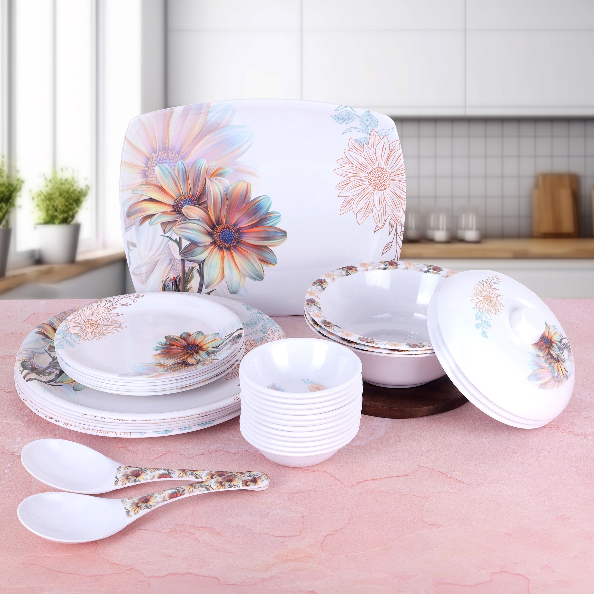 Apeiron Melamine Boss Brown Flower Print 33 PCS Dinner Set (6 Full Plate, 6 Half Plate, 12 Bowls, 3 Donga, 3 Donga Lid, 2 Serving Spoon, 1 Rice Plate)