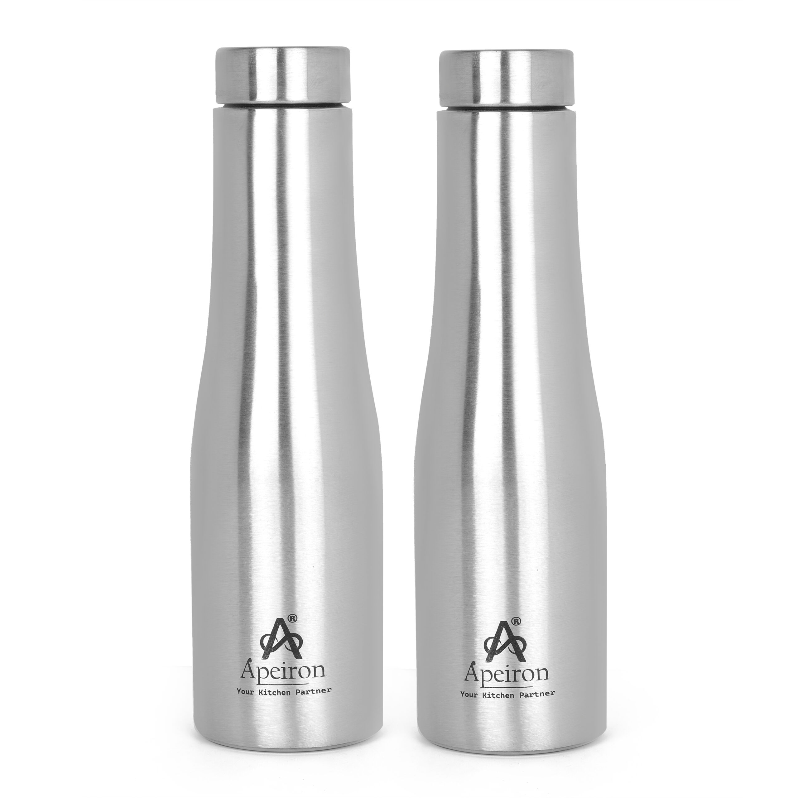 Apeiron Stainless Steel Silver Single Wall Leak Proof Pyramid Style Fridge Water Bottle 1000ml Pack Of 2