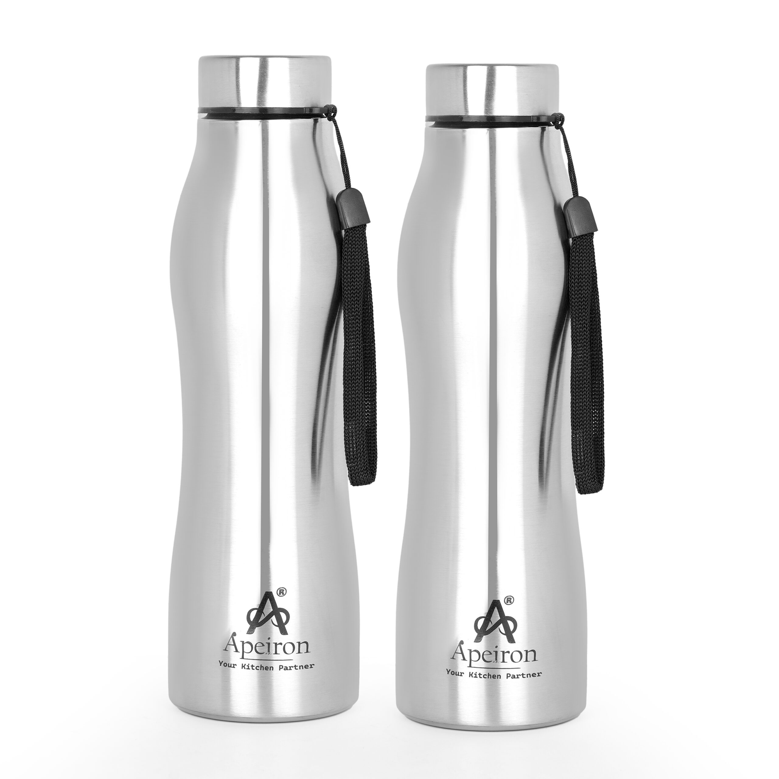 Apeiron Stainless Steel Silver Single Wall Leak Proof Curvy Design Fridge Water Bottle 1000ml Pack Of 2