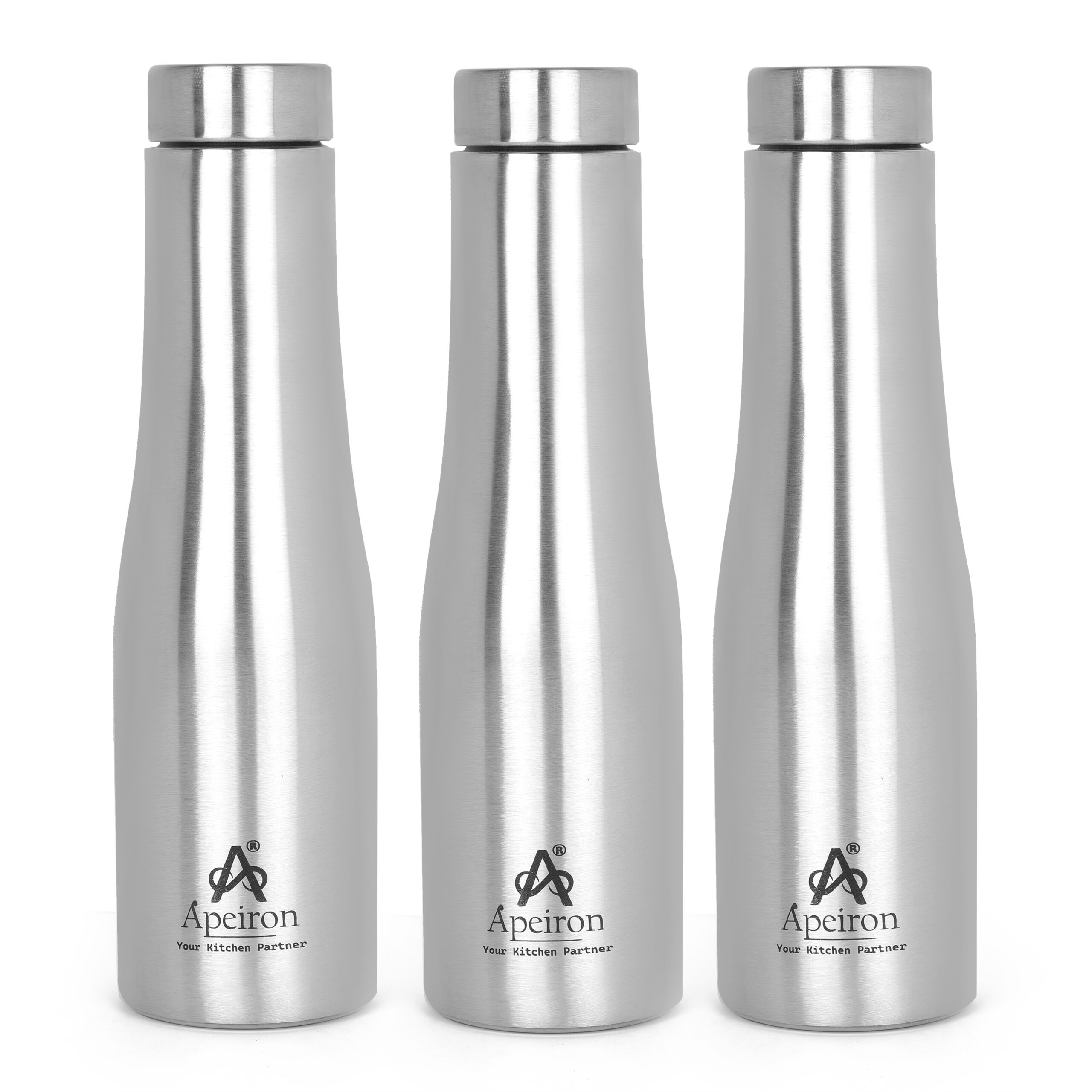 Apeiron Stainless Steel Silver Single Wall Leak Proof Pyramid Style Fridge Water Bottle 1000ml Pack Of 3