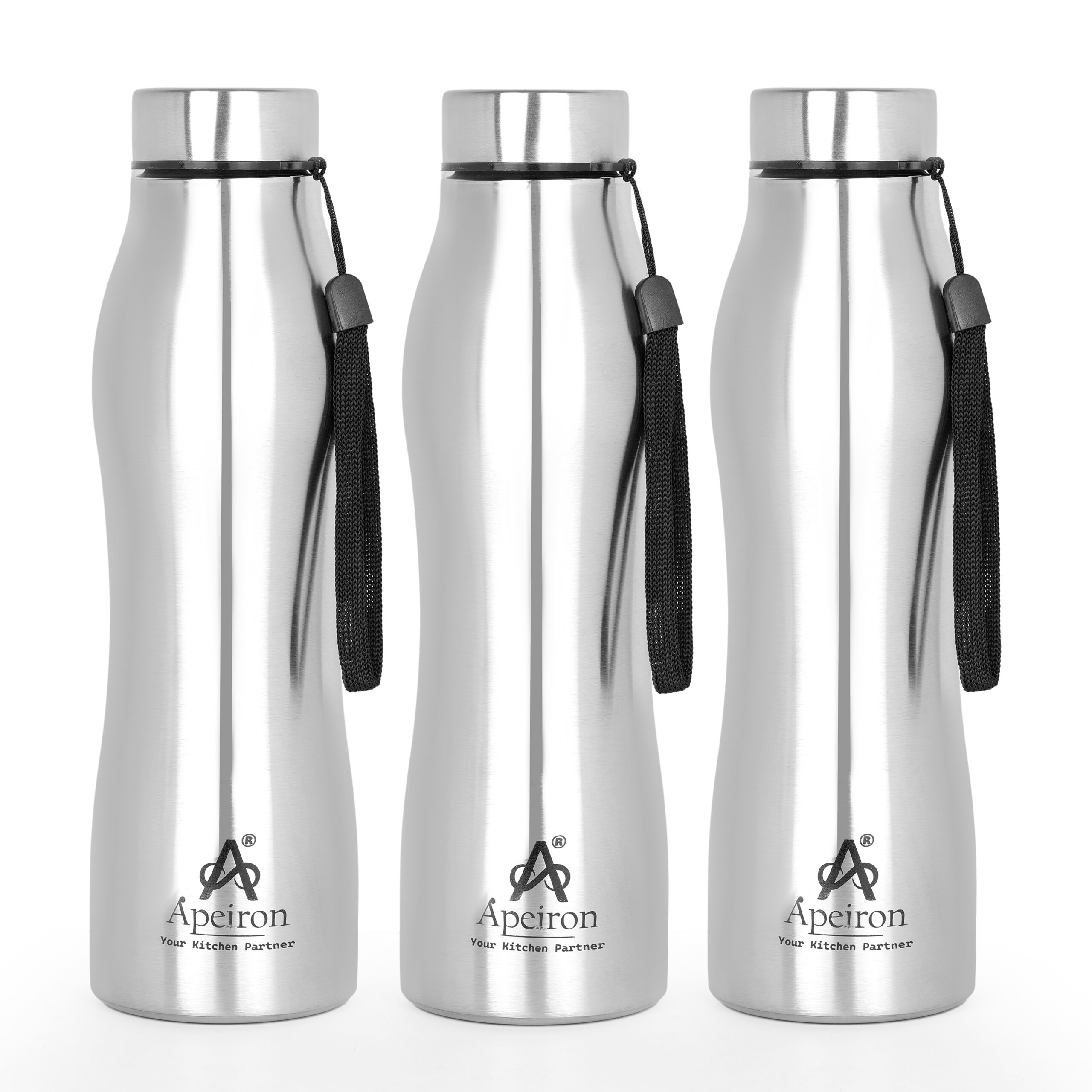 Apeiron Stainless Steel Silver Single Wall Leak Proof Curvy Design Fridge Water Bottle 1000ml Pack Of 3