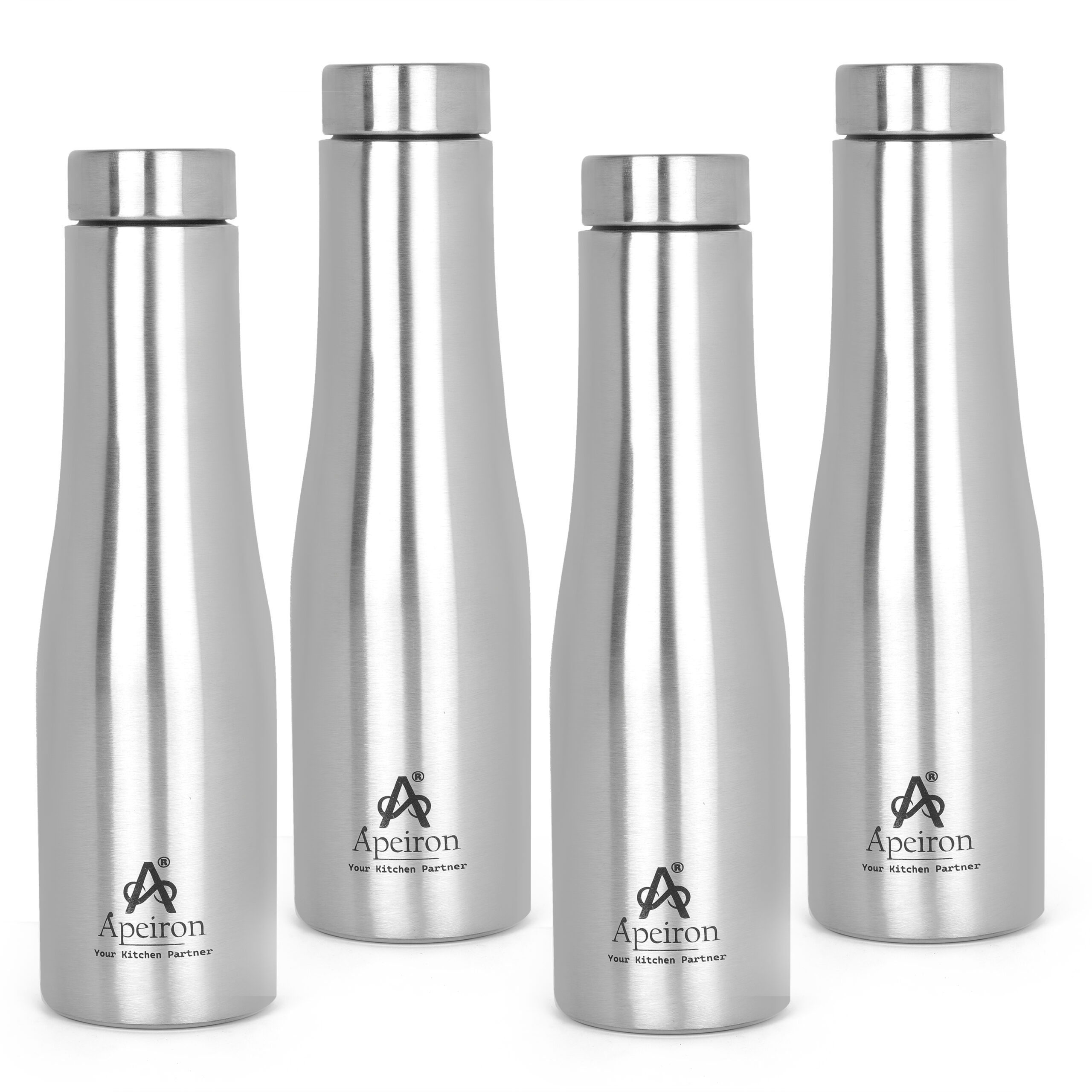 Apeiron Stainless Steel Silver Single Wall Leak Proof Pyramid Style Fridge Water Bottle 1000ml Pack Of 4