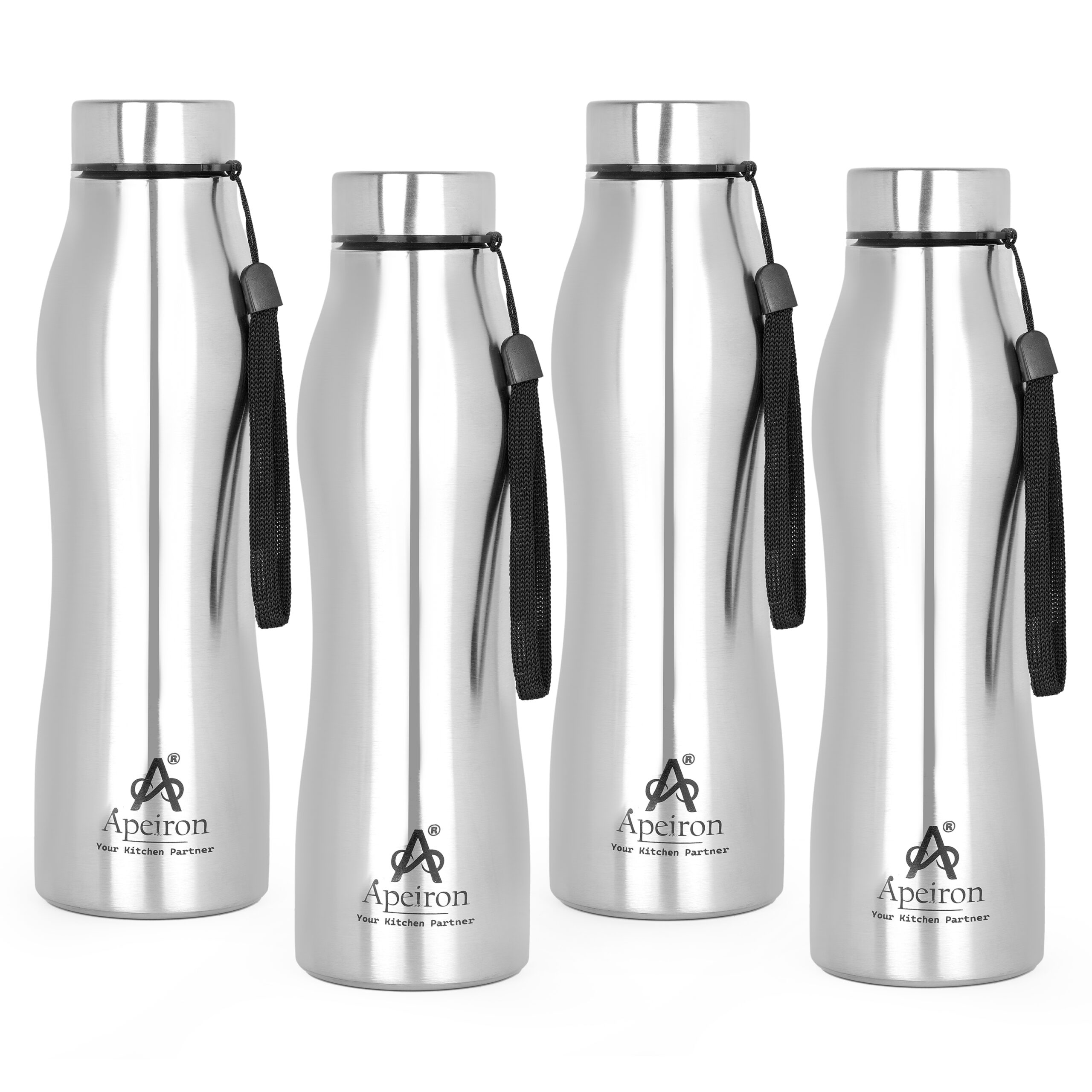 Apeiron Stainless Steel Silver Single Wall Leak Proof Curvy Design Fridge Water Bottle 1000ml Pack Of 4