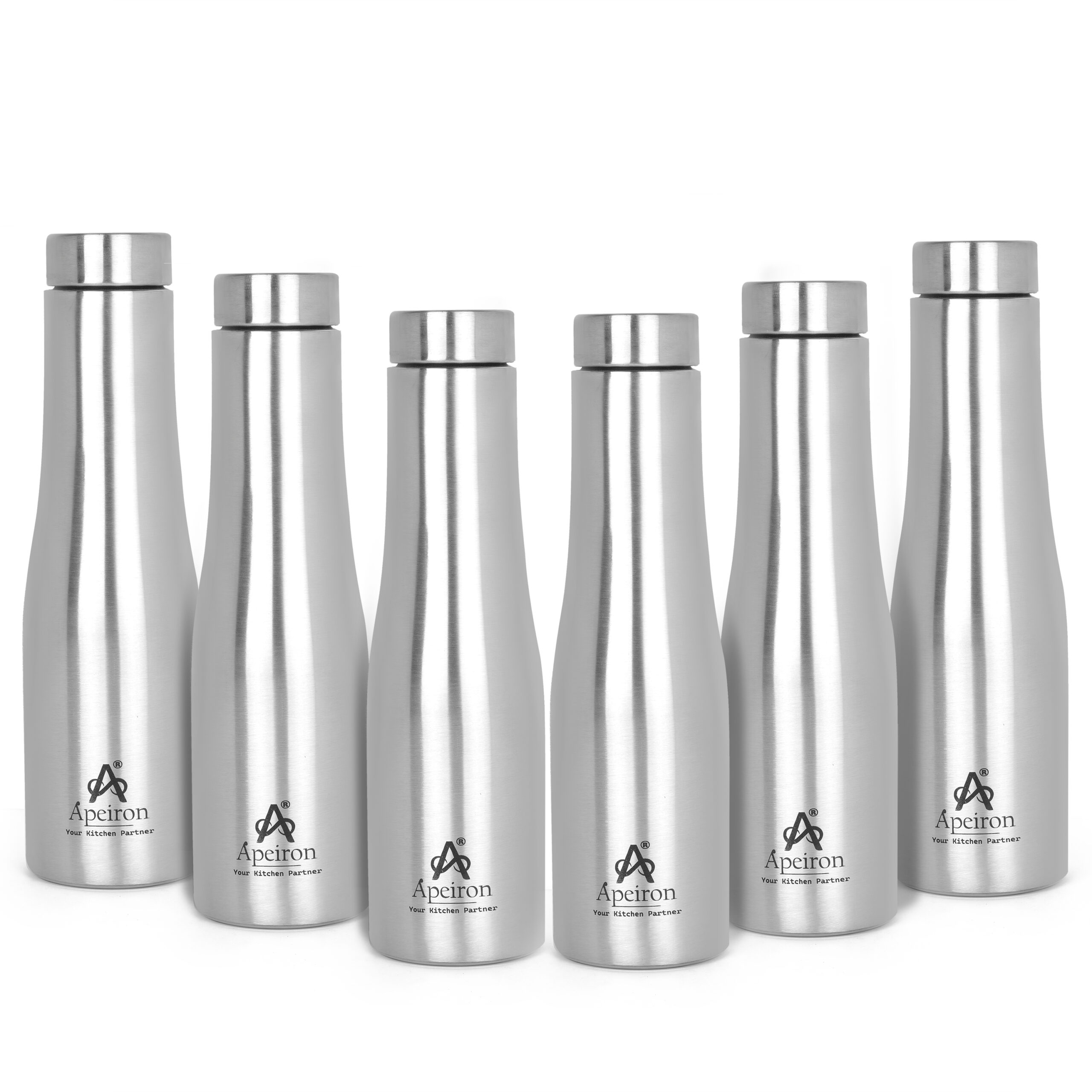 Apeiron Stainless Steel Silver Single Wall Leak Proof Pyramid Style Fridge Water Bottle 1000ml Pack Of 6