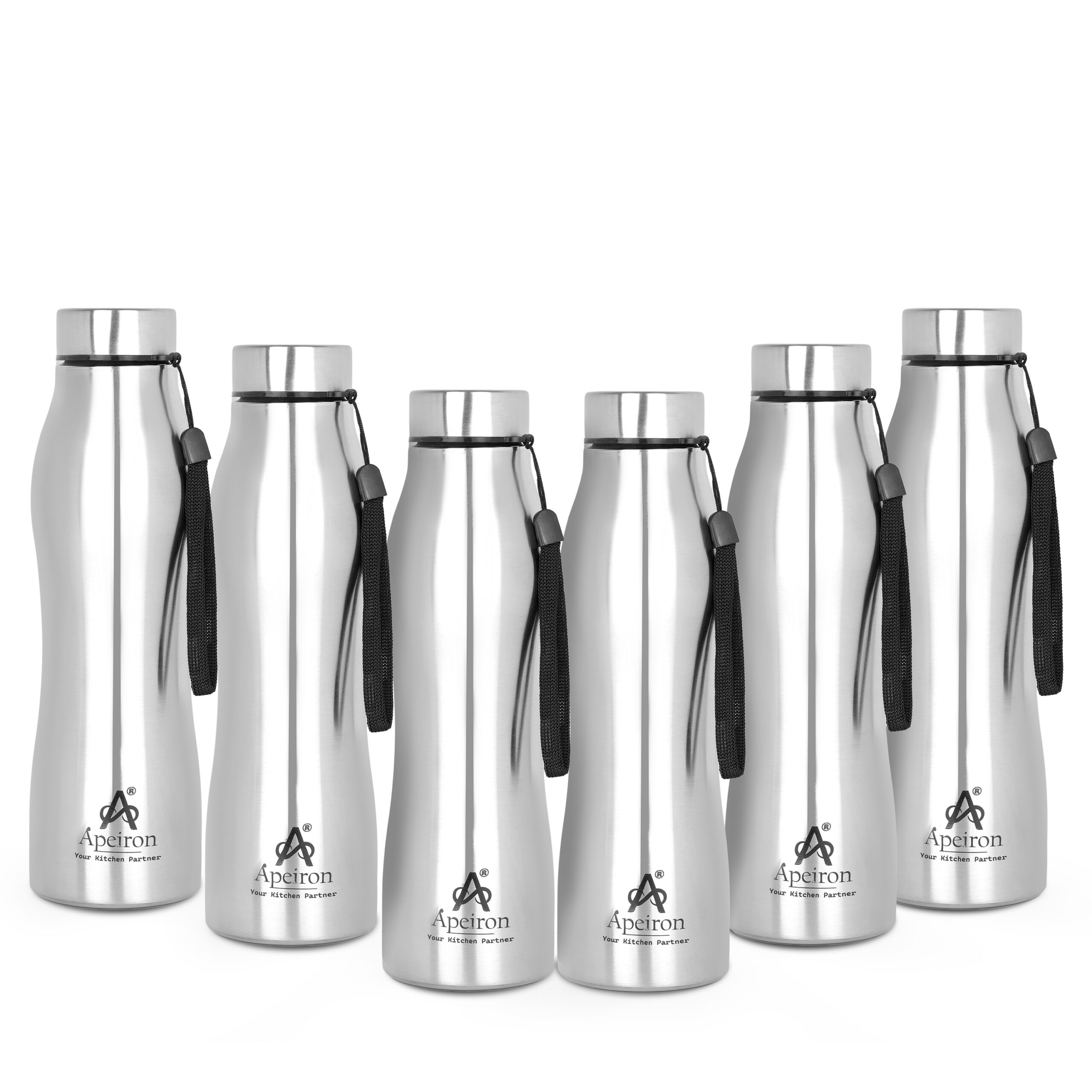 Apeiron Stainless Steel Silver Single Wall Leak Proof Curvy Design Fridge Water Bottle 1000ml Pack Of 6