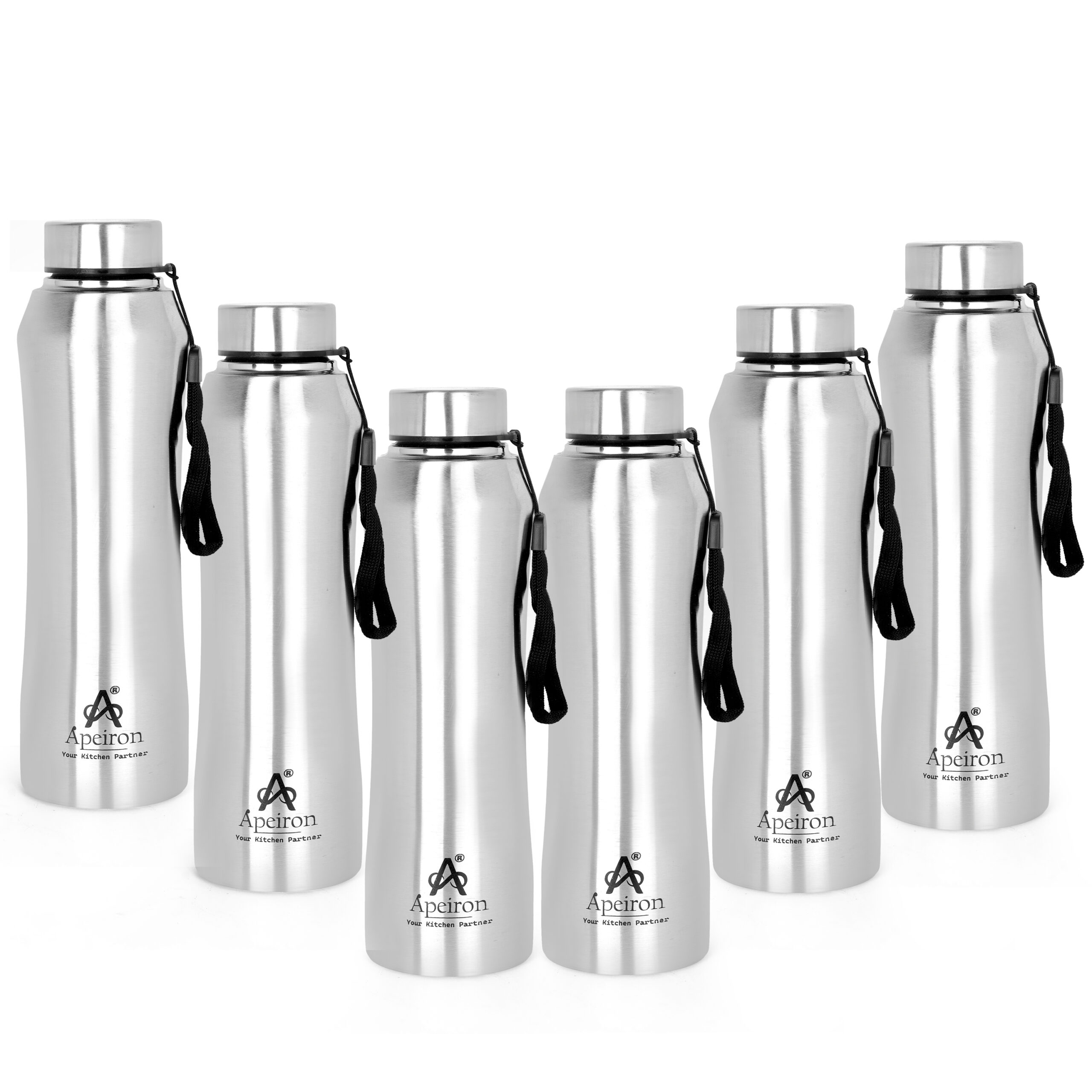 Apeiron Stainless Steel Silver Single Wall Leak Proof Diamond Fridge Water Bottle 1000ml Pack Of 6